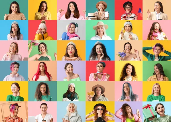 Collage Many Beautiful Women Colorful Background — Stock Photo, Image