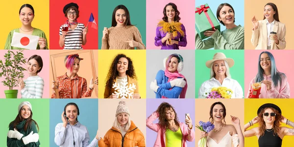 Renkli arka planda birçok güzel kadınla kolaj.