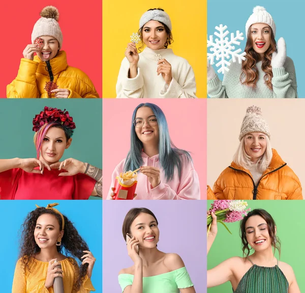 Collage Many Pretty Women Colorful Background — Stock Photo, Image