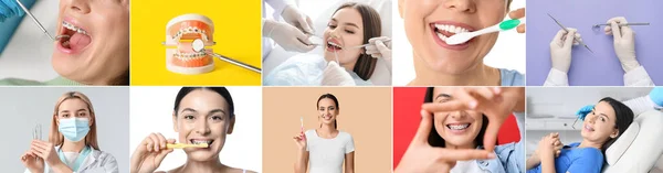 Sada Žen Zubními Rovnátky Zubním Keřem Zubním Lékařem Nářadím — Stock fotografie