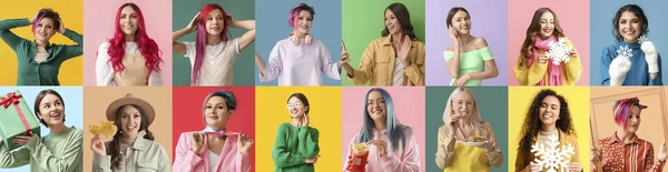 Collage Met Vele Aantrekkelijke Vrouwen Kleurrijke Achtergrond — Stockfoto