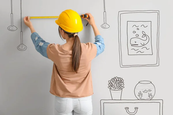 Young Woman Tape Measure Planning New Design Her House — Stockfoto