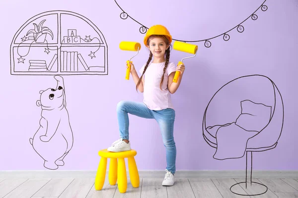 Little Girl Paint Rollers Dreaming New Design Her Room — 图库照片