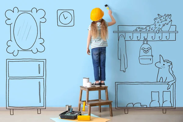 Little Girl Hardhat Paint Brush Imagining New Design Her Room — стоковое фото