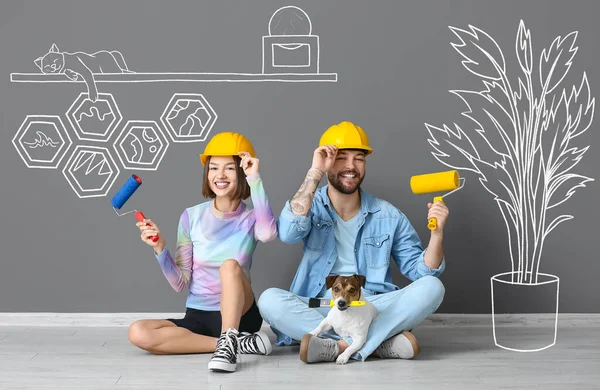 Young Couple Painting Tools Cute Dog Dreaming New Design House — Stockfoto