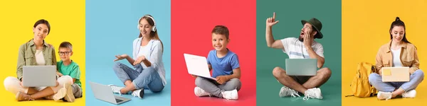 Set People Laptops Colorful Background — Stockfoto