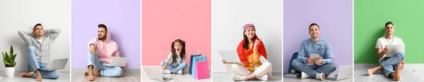 Set Van Mensen Met Laptops Kleurrijke Achtergrond — Stockfoto