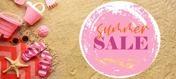 Set Beach Accessories Toys Sand Banner Summer Sale — Stock Photo, Image