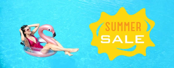 Beautiful Young Woman Inflatable Ring Swimming Pool Banner Summer Sale — Zdjęcie stockowe