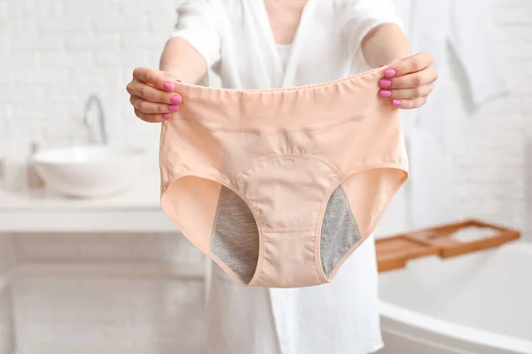 Young Woman Beige Period Panties Bathroom — Fotografia de Stock