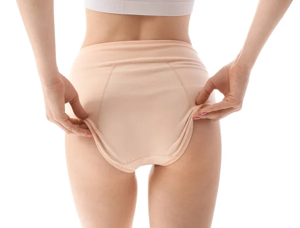 Young Woman Wearing Beige Period Panties White Background — 스톡 사진