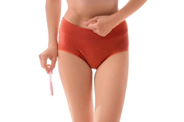 Young Woman Wearing Red Period Panties Tampon White Background — 스톡 사진