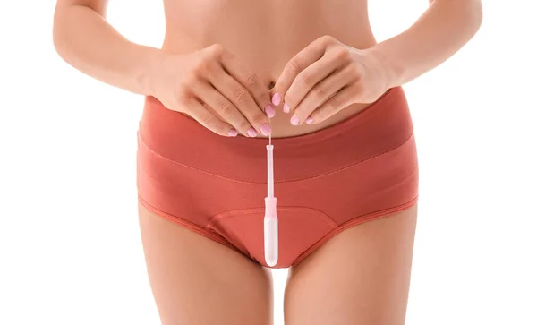 Young Woman Wearing Red Period Panties Tampon White Background — 图库照片