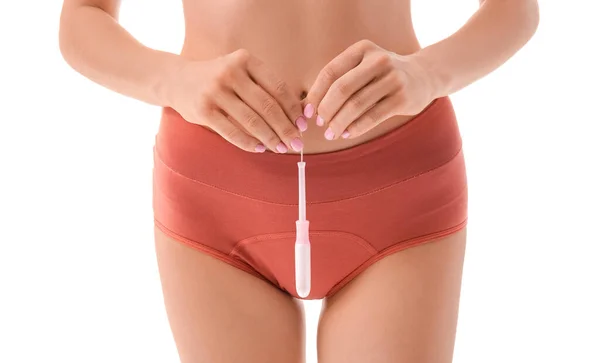 Young Woman Wearing Red Period Panties Tampon White Background — 스톡 사진