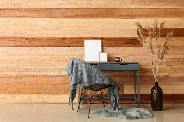 Modern Workplace Blank Photo Frames Rugby Ball Wooden Wall — Stok fotoğraf