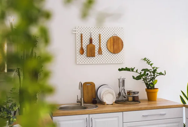 Light Kitchen Stylish Counters Kitchenware Pegboard Wall — Foto Stock