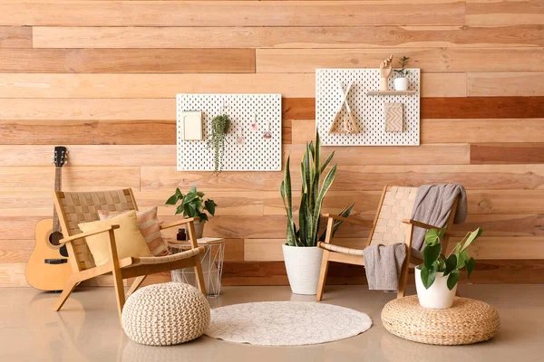 Interior Stylish Living Room Armchairs Pegboards Wooden Wall — 스톡 사진