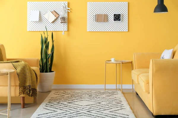 Pokój Dzienny Sofą Fotel Pegboardy Pobliżu Ściany Kolor — Zdjęcie stockowe