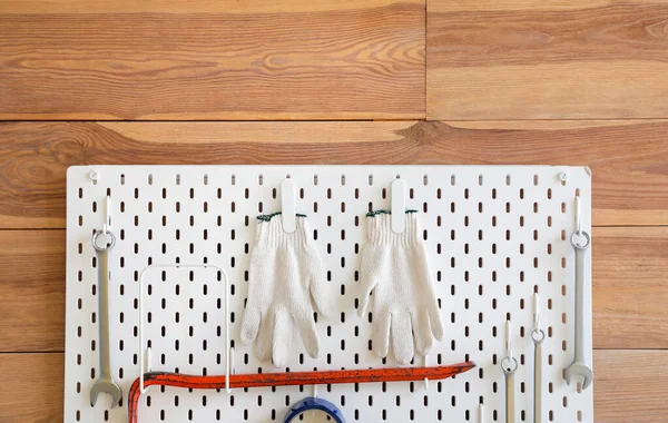 Pegboard Gloves Scrap Spanners Wooden Wall — Stockfoto