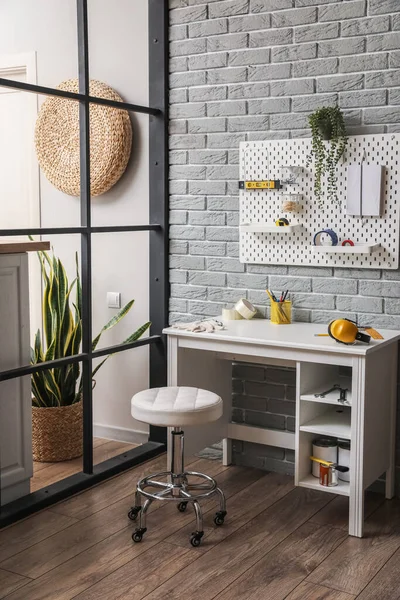 Interior Room Stylish Workplace Pegboard Grey Brick Wall — Stock Photo, Image