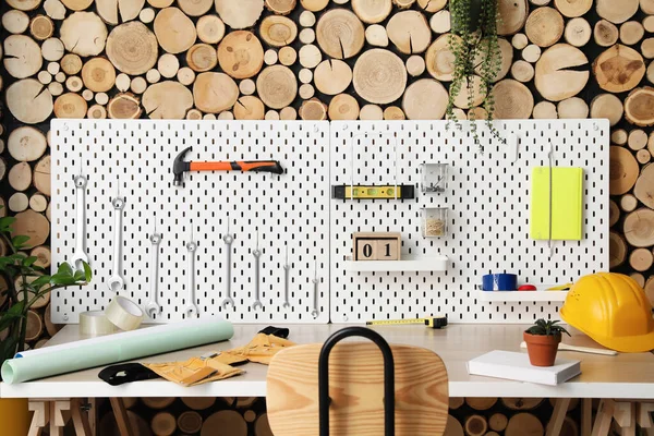 Workplace Pegboards Different Tools Wooden Wall Workshop — Stock Photo, Image