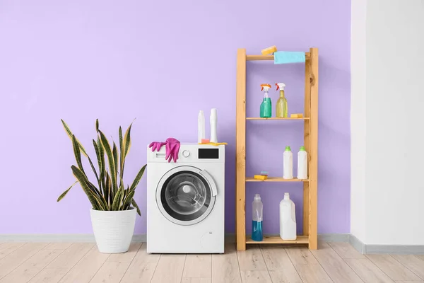 Washing Machine Shelf Unit Houseplants Violet Wall Laundry Room — Stock Photo, Image