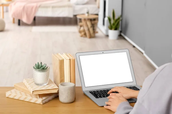 Young Woman Working Modern Laptop Wooden Table Closeup — Fotografia de Stock