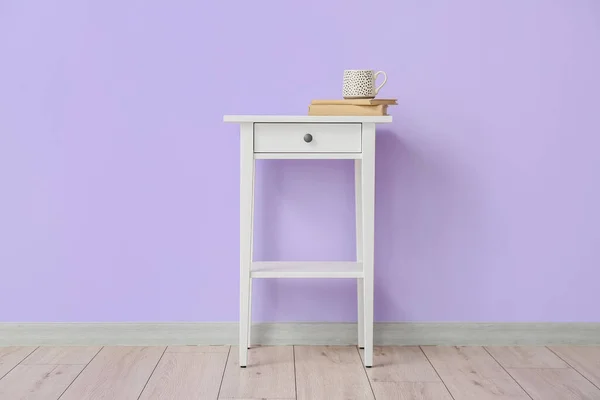 Table Books Cup Violet Wall Room Interior — 스톡 사진