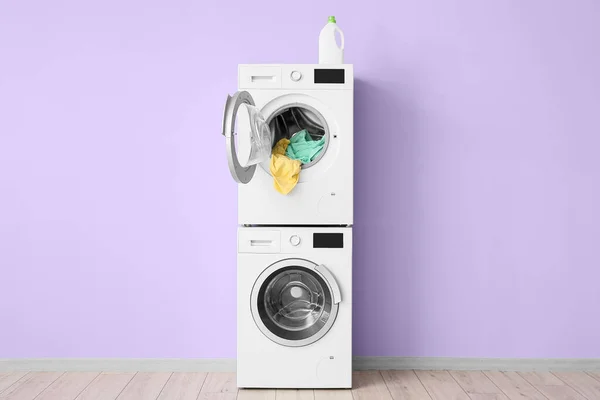 Modern Drying Washing Machines Laundry Violet Wall Room — Stok fotoğraf