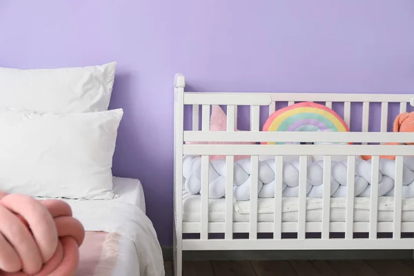 Baby Crib Comfortable Bed Violet Wall Room —  Fotos de Stock