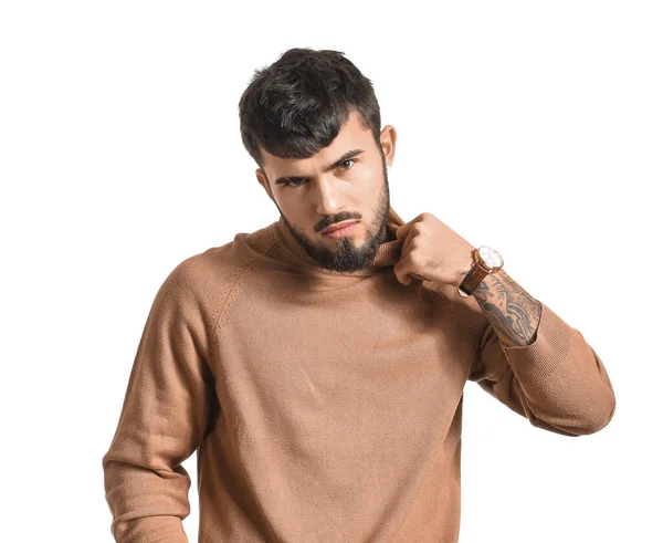 Bearded Man Adjusting Collar White Background — Stock Photo, Image