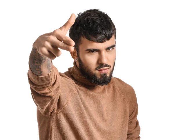 Young Man Beard Pointing Viewer White Background — Stockfoto