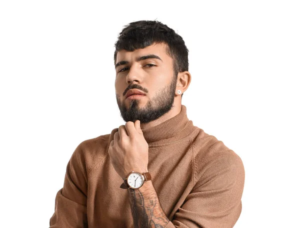 Thoughtful Bearded Man Stylish Wristwatch White Background — Stock Photo, Image