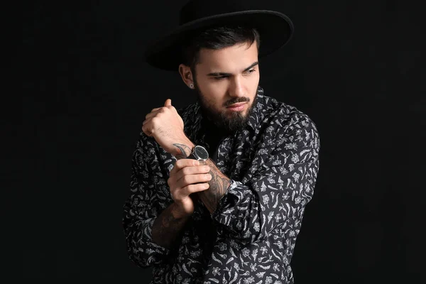 Fashionable Bearded Man Stylish Wristwatch Dark Background —  Fotos de Stock