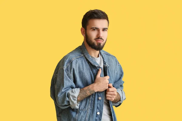 Young Bearded Man Wearing Denim Jacket Yellow Background — Stock Photo, Image