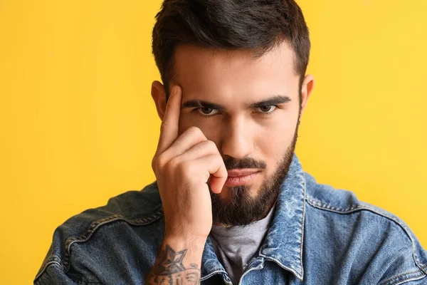 Young Bearded Man Hand Face Yellow Background — Stockfoto