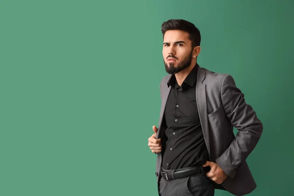 Fashionable Bearded Man Green Background — 스톡 사진