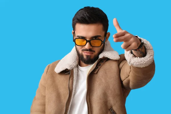 Bearded Man Pointing Viewer Blue Background — Stockfoto