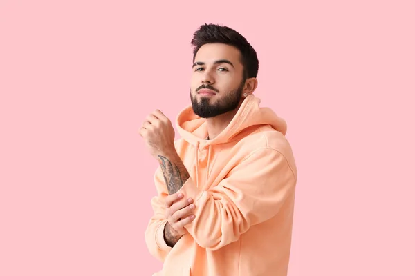 Young Bearded Man Pink Background — Photo