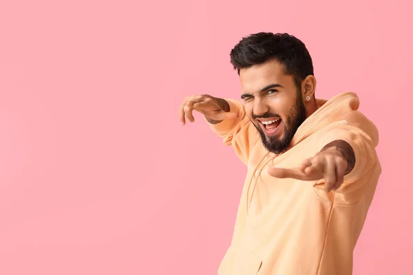 Emotional Bearded Man Pink Background — Stockfoto