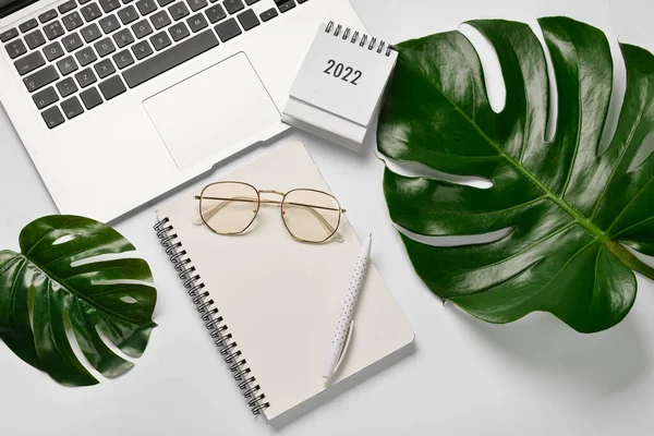 Modern Laptop Notebook Eyeglasses Tropical Leaves Light Background — Stock Photo, Image