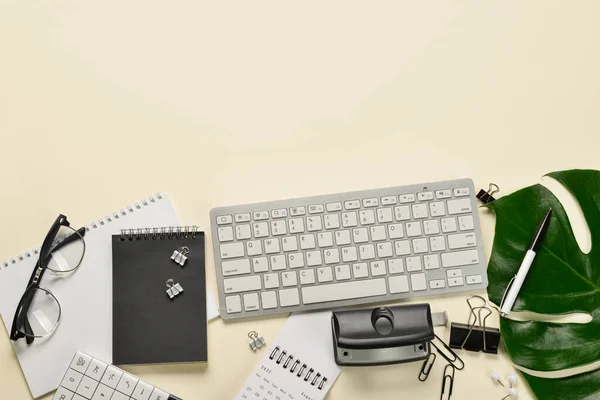 Modern Keyboard Stationery Notebooks Tropical Leaf Yellow Background — Stock Photo, Image