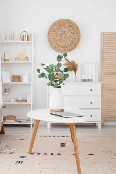 Vase Eucalyptus Branches Laptop Table Light Living Room — Stok Foto