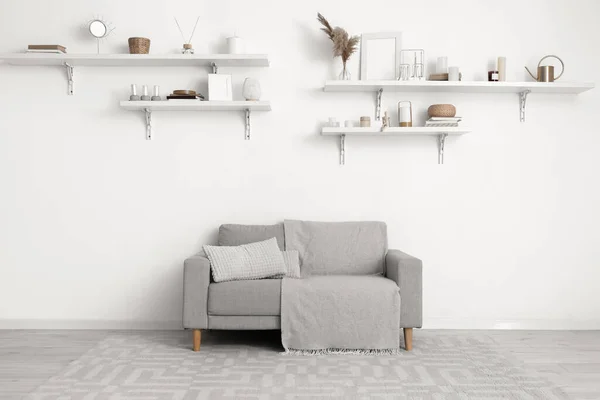 Grey Sofa Shelves Decor Hanging Light Wall — Stock Photo, Image
