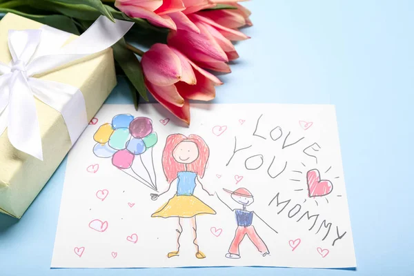 Picture Text Love You Mommy Tulips Gift Box Blue Background — 스톡 사진