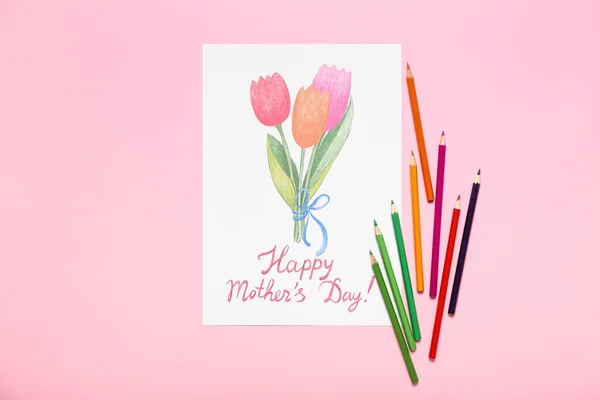 Bild Med Texten Happy Mother Day Och Pennor Rosa Bakgrund — Stockfoto