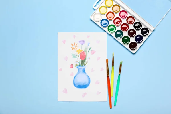 Picture Paints Brushes Blue Background Mother Day Celebration — Stockfoto