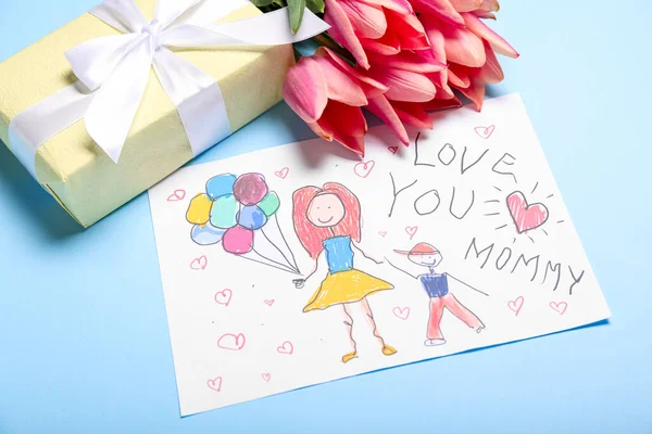 Picture Text Love You Mommy Tulips Gift Box Blue Background — Stockfoto