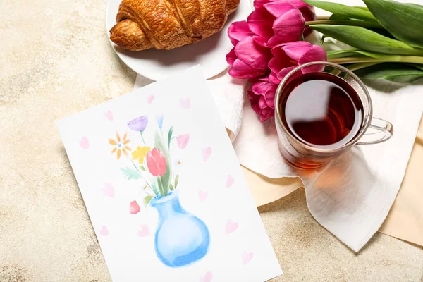 Picture Flowers Glass Cup Tea Croissant Grunge Background Mother Day — Stockfoto