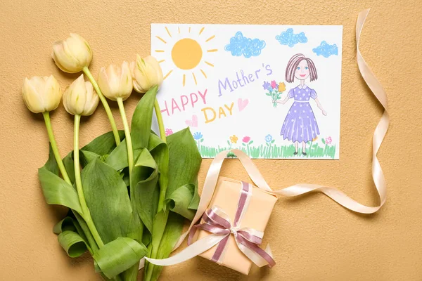 Picture Text Happy Mother Day Tulips Ribbon Gift Beige Background — Foto de Stock